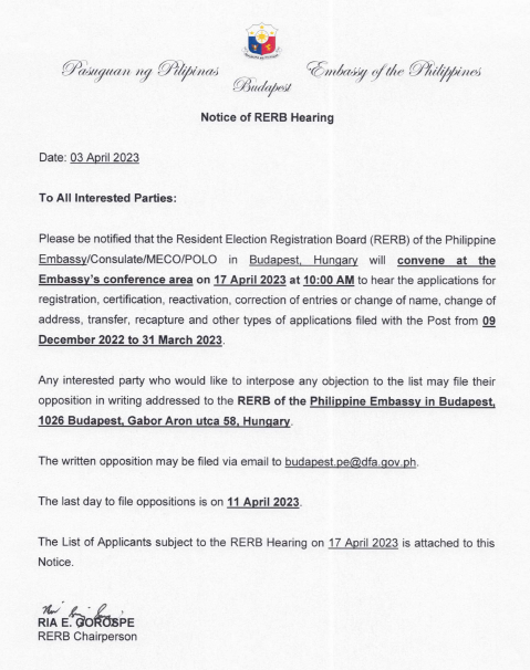 NOTICE OF HEARING 17 APR 2023