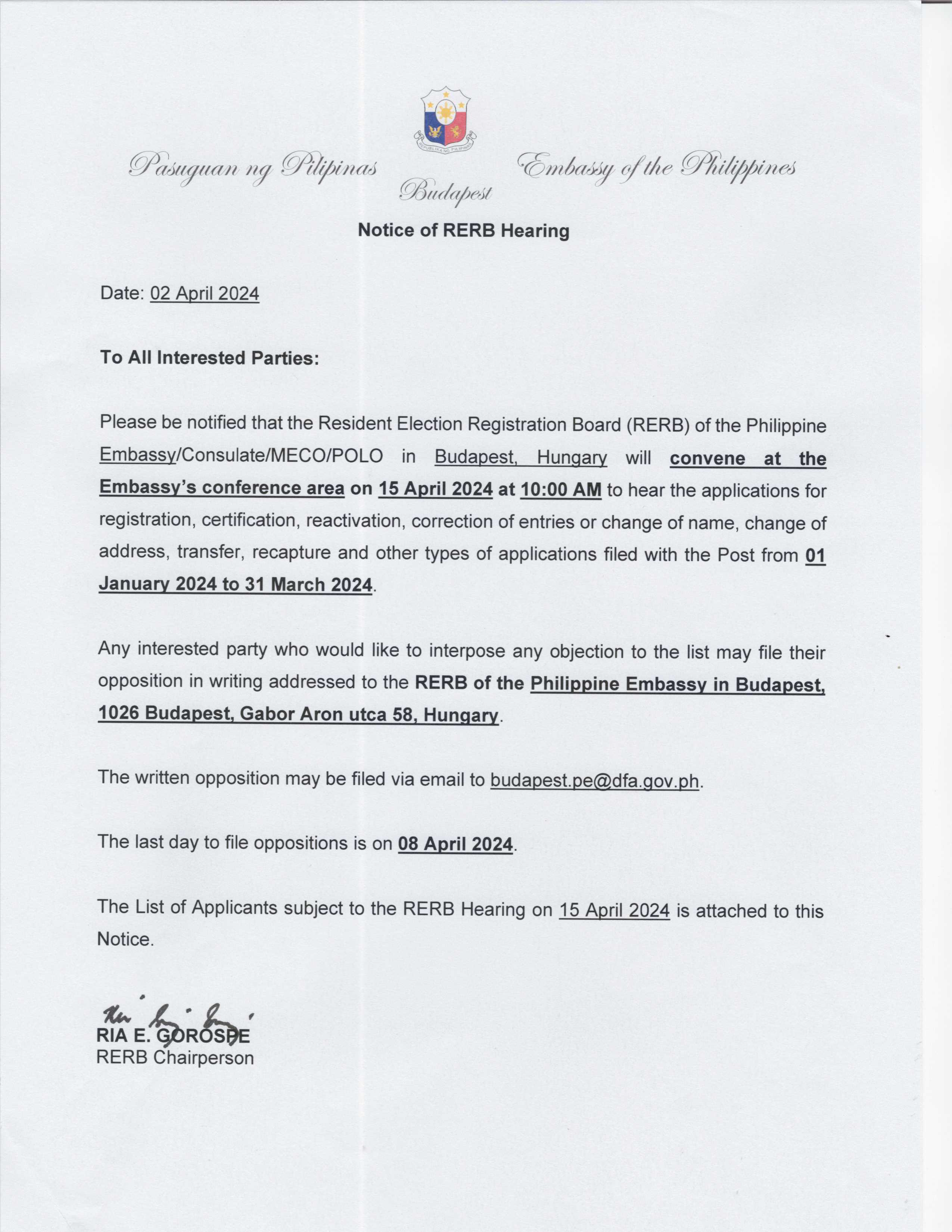 Notice of RERB Hearing