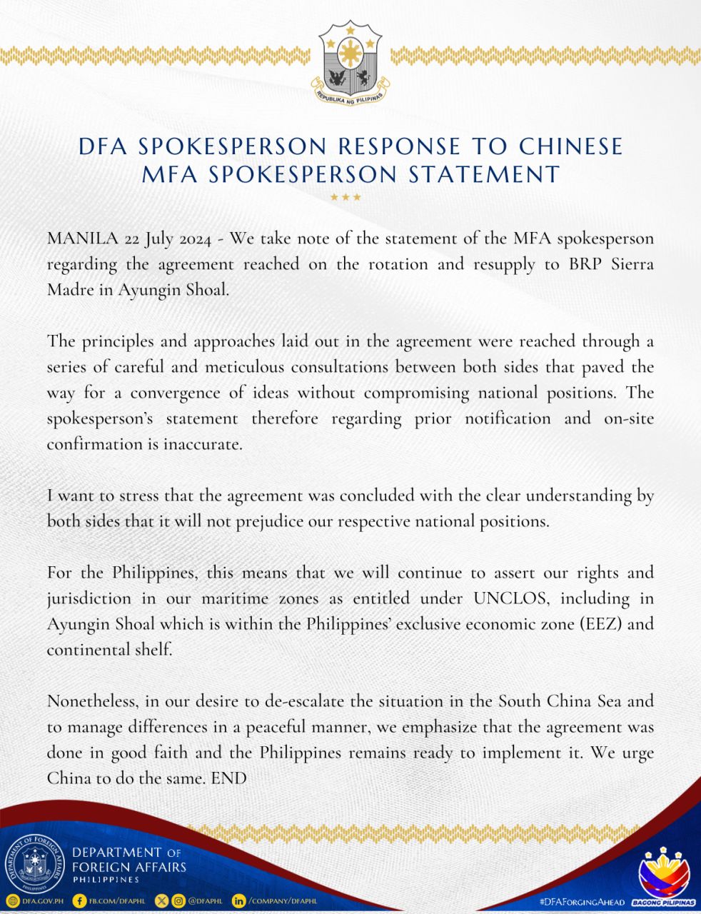 DFA Spokepersons Response to Chinese MFA Spokespersons Statement on 22 July 2024 1