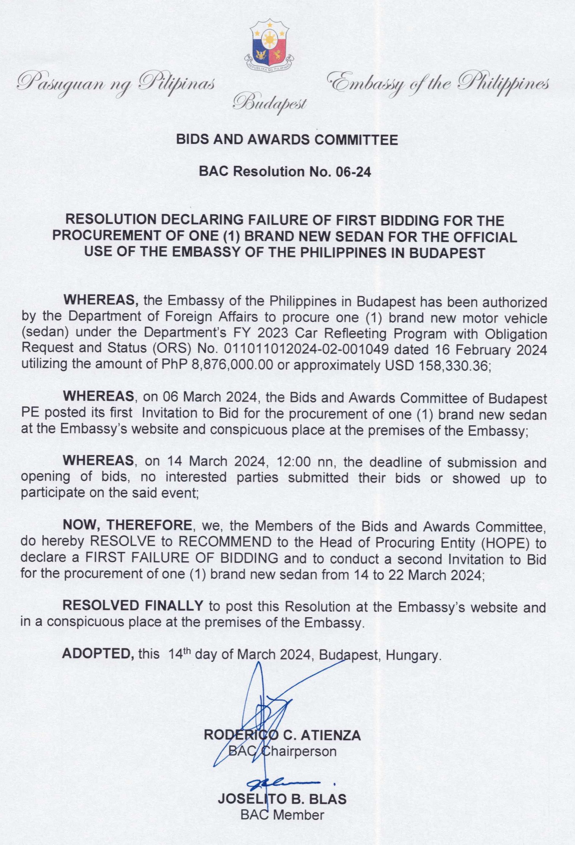 BAC Resolution No 06 24 Failure of First Bidding Page 1