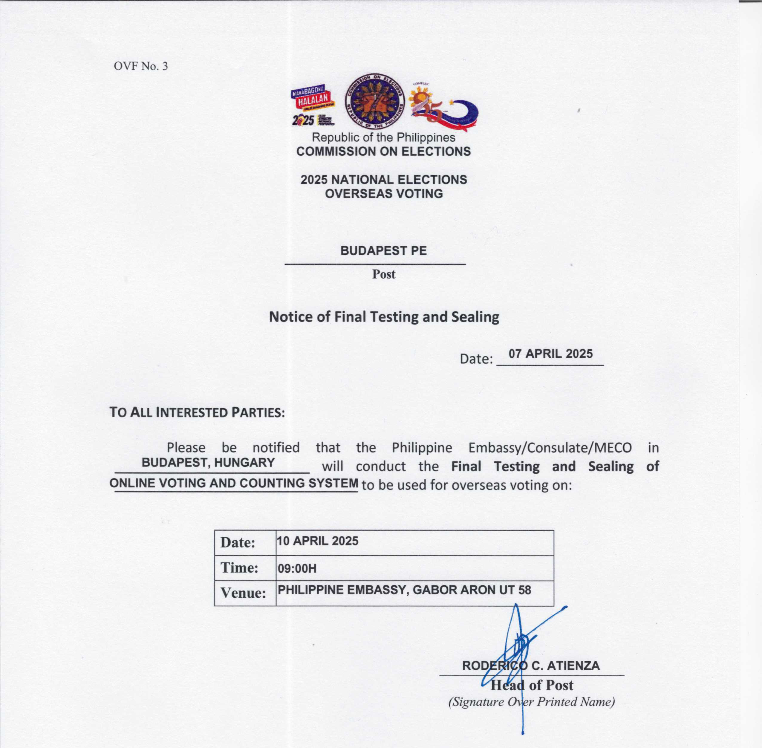 Notice of Final Testing and Sealing