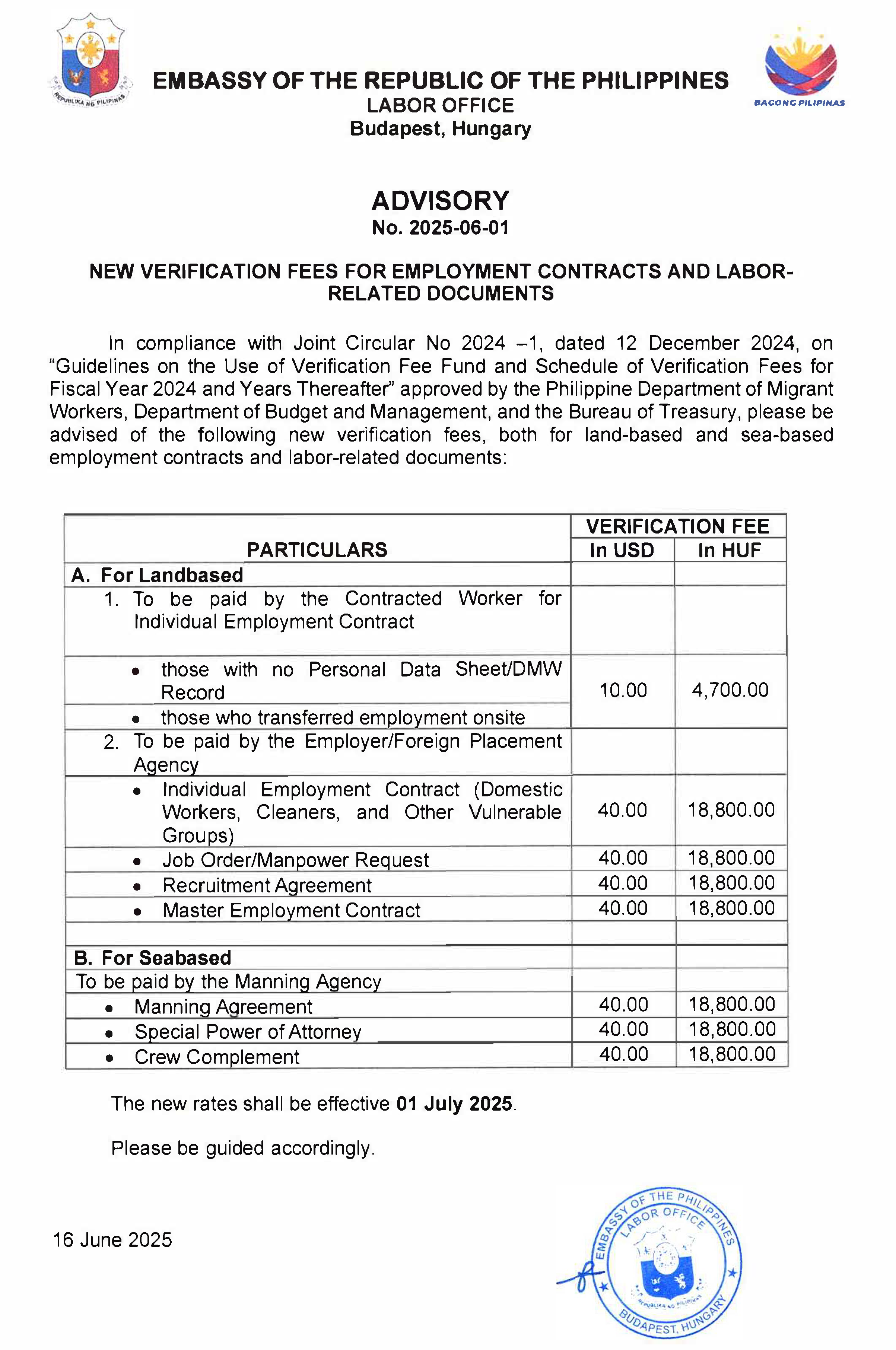 Advisory No 2025 06 01 New Verification Fees for Employment Contracts and Labor Related Documents Page 1
