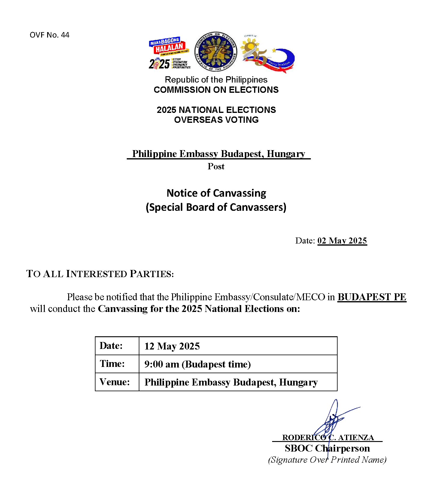 OVF No 44 Notice of Canvassing